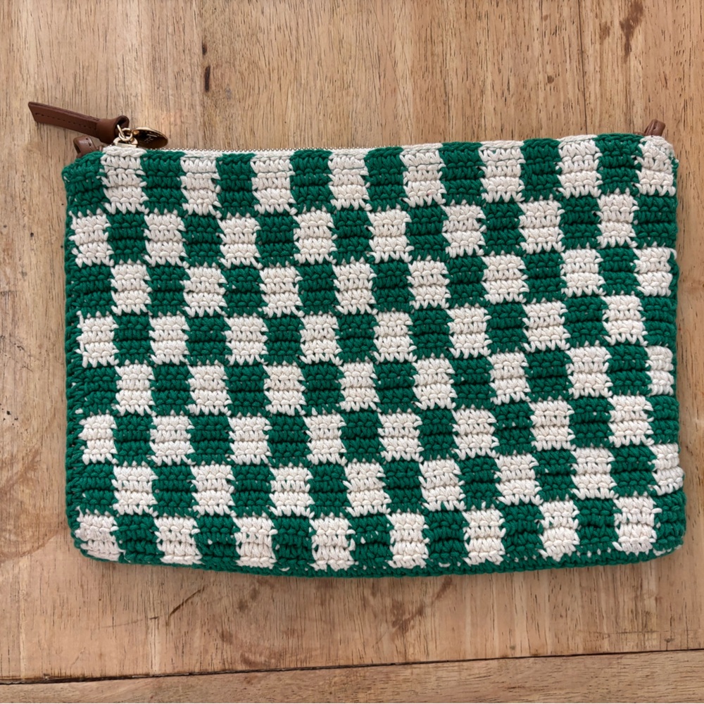 Clare V Green and White Checkered Crochet Flat Clutch